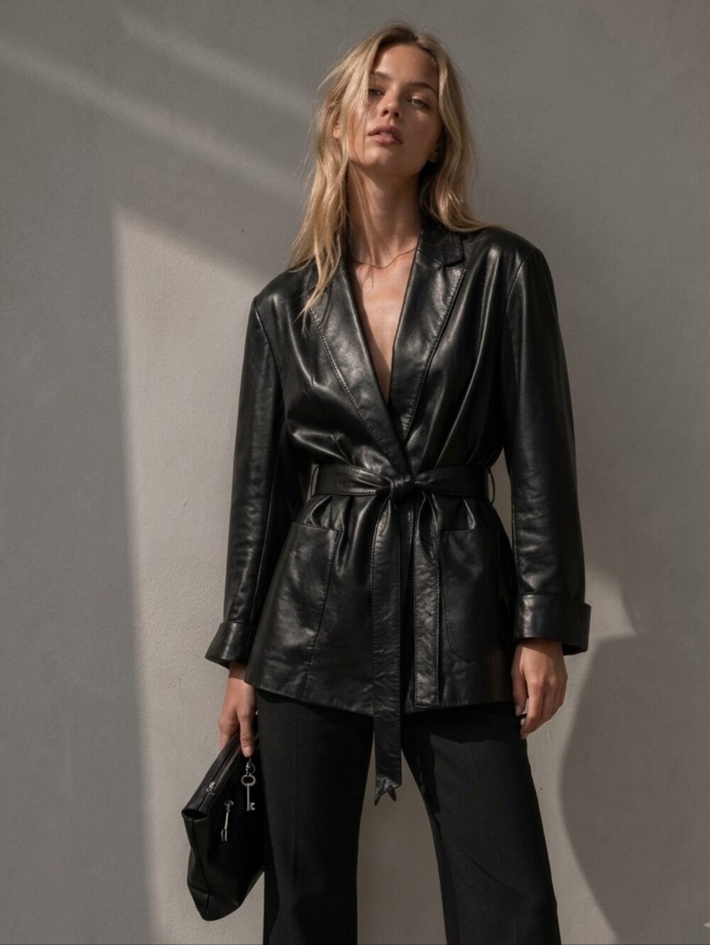 Maxima 100% Leather Women Belted Coat Black Long Jacket Luxe Winter NY Vintage